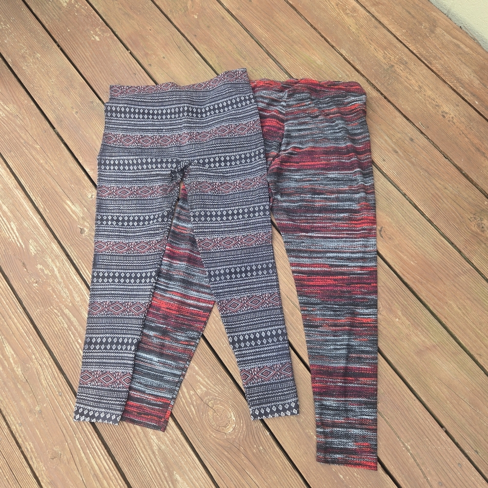 Bundle- Pair Of 2- Red, Black, & Grey- Patterned Leggings - Large